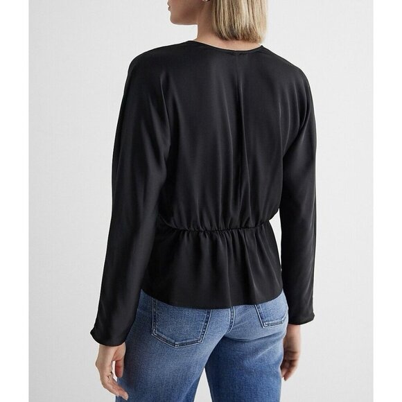 Express Women's Satin Draped Top Size XS Black Long Sleeves Faux Wrap NWT $58 - Picture 4 of 16